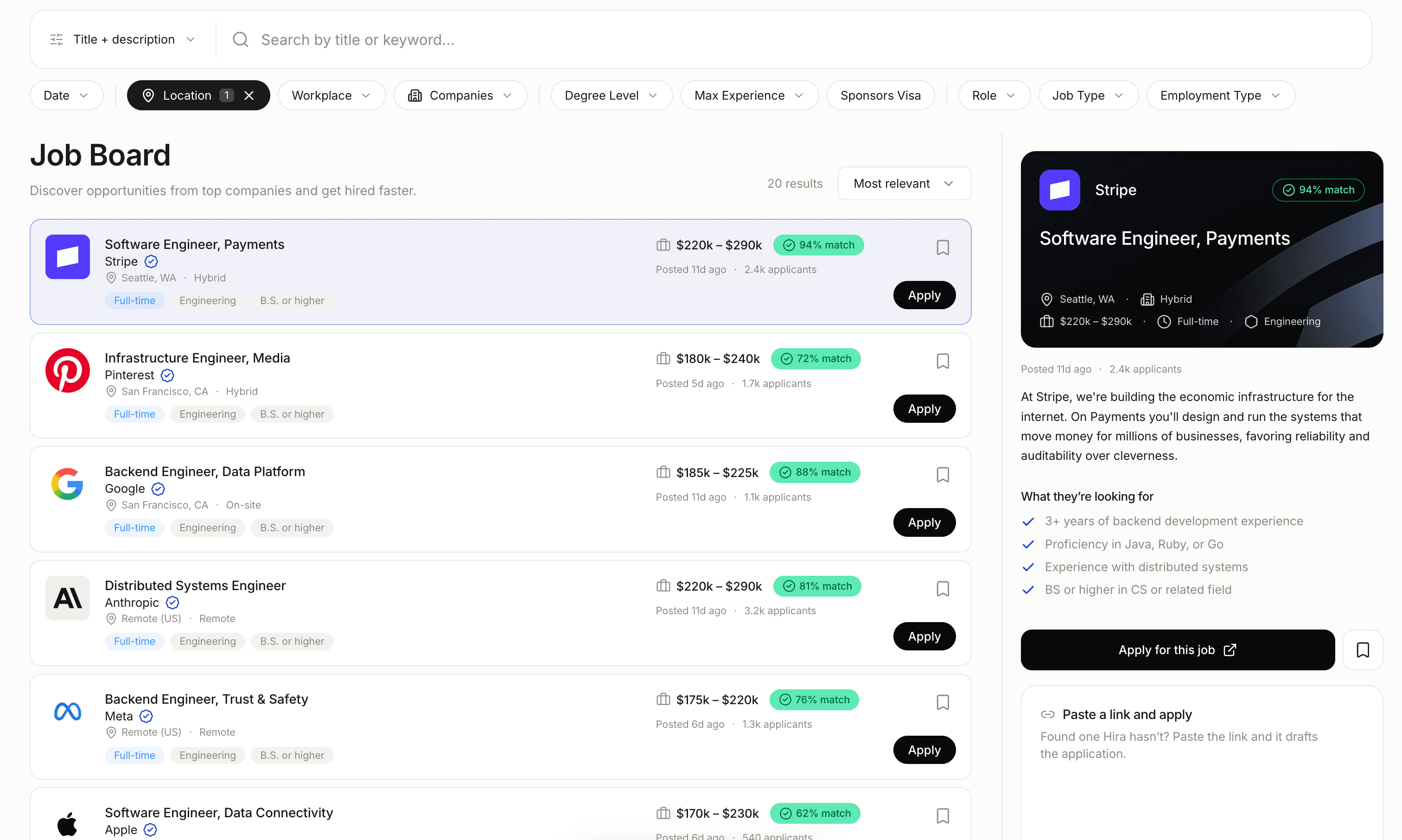 Hira job board showing personalized role matches, application filters, and details for a software engineering role at Stripe